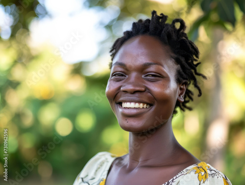 Portrait of a beautiful young African woman smiling in the park.