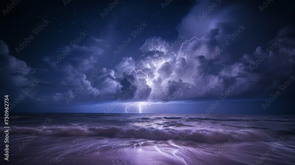 Lightning storm over the ocean at night background