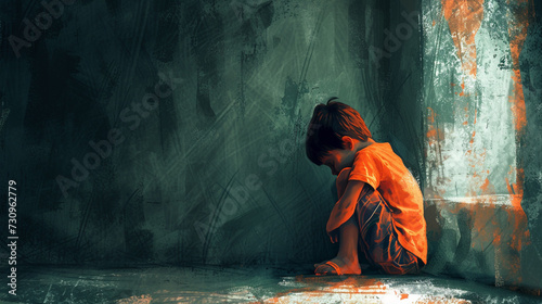 young boy, sitting alone and huddled in a corner at school, his face hidden in his legs, shoulders slouched. Convey the profound emotions of depression