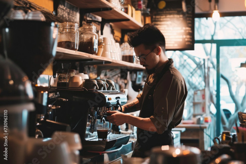 Man Working at Coffee Shop, Typing, Serving, and Preparing Beverages