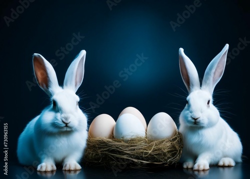 Two white Easter bunnies on monochrome blue background among eggs. Easter concept