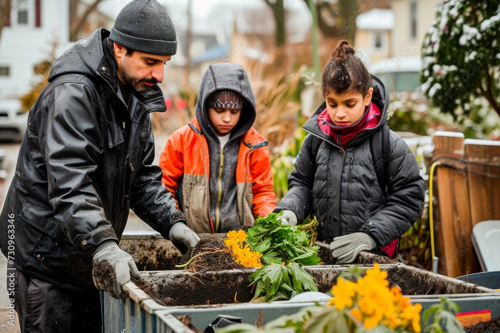 A family participates in a community gardening project, teaching children about sustainable living and plant cultivation.