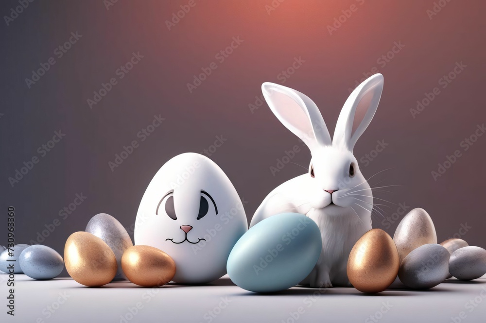 One white Easter bunny on a dark background among the eggs One white Easter bunny on a dark background among the eggs
