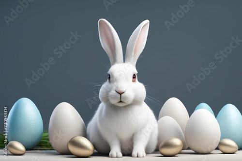 One white Easter bunny on a dark background among the eggs