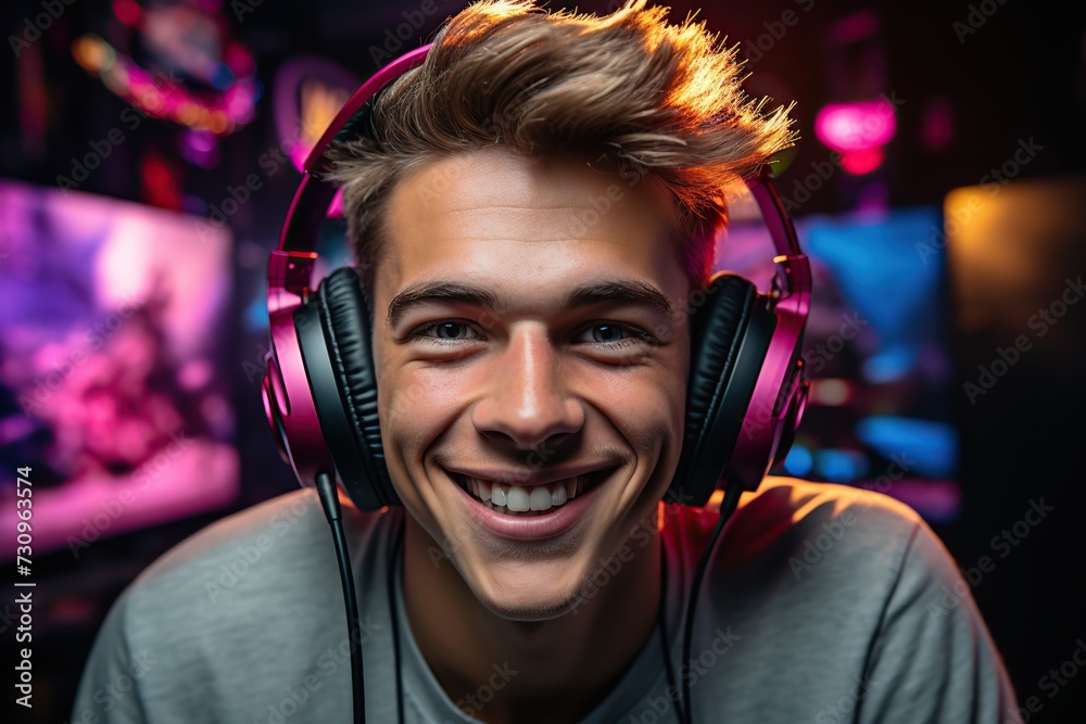 Happy young caucasian male gamer using headset. Happy young caucasian male gamer using headset.