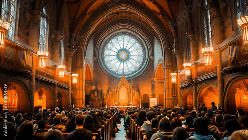 Majestic church interior during a service with a large congregation and an ornate stained glass window. photo
