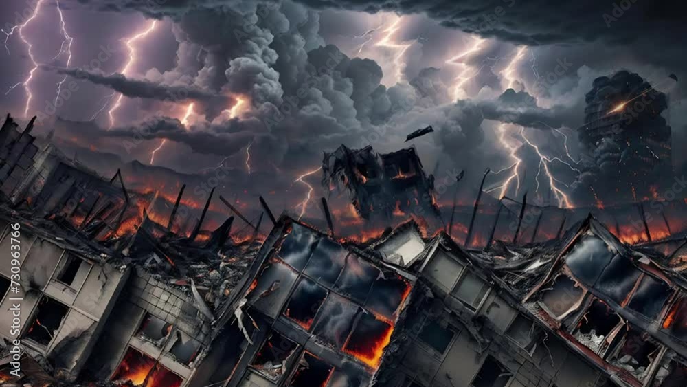 The apocalypse scene behind the ruined houses blazing and lightning from the sky. A city in ruins, a disaster and armageddon. AI illustrations transformations and metamorphose. AI generated video