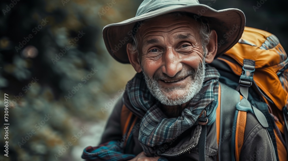 An aging man, with wrinkles etched on his face, walks the streets with determination, his trusty sun hat and backpack by his side, ready for whatever the outdoors may bring
