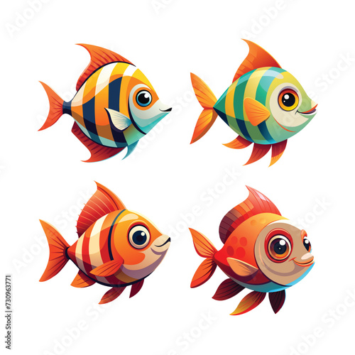 set of colorful cute cartoon fish isolated white background