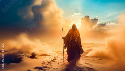 A lone mage wanders through a mystical desert at sunset with a staff in hand, embarking on an epic fantasy adventure.