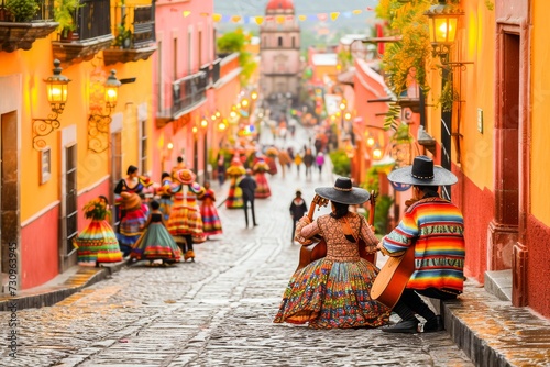 Traditional Mexican musicians sitting on a colorful street with dancers and vibrant decorations in the background.