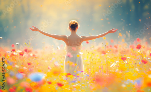 A serene image of a woman with arms outstretched, standing amidst a vibrant field of flowers, radiating a sense of freedom and joy.