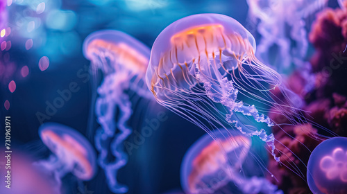 Jelly fish in the water, jelly fish in the sea, colorful light jellyfish with bokeh light, conservation of aquatic animals,colorful background cover © lichichu