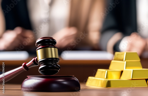 Mallet of judge with Golden bars. Judge hammer and Golden bar in courtroom. Justice in courthouse. Judges and punishment. Gold Sale, Sold on auction. Violation of law, Trial Process in courtroom. photo
