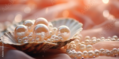 beautiful pearls in a shell on a peach-colored silk surface, banner, copy space