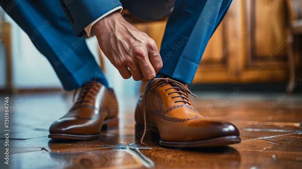 A stylish individual carefully ties their dress shoe on the indoor floor, adding the perfect finishing touch to their polished outfit A stylish individual carefully ties their dress shoe on the indoor floor, adding the perfect finishing touch to their polished outfit