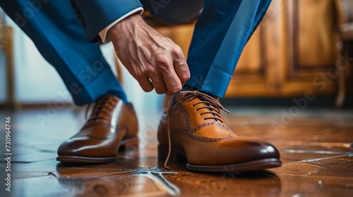 A stylish individual carefully ties their dress shoe on the indoor floor, adding the perfect finishing touch to their polished outfit photo