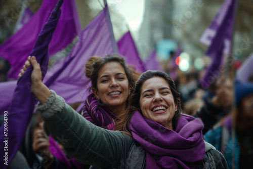 Women smile at the camera during a demonstration. they protest with purple flags photo