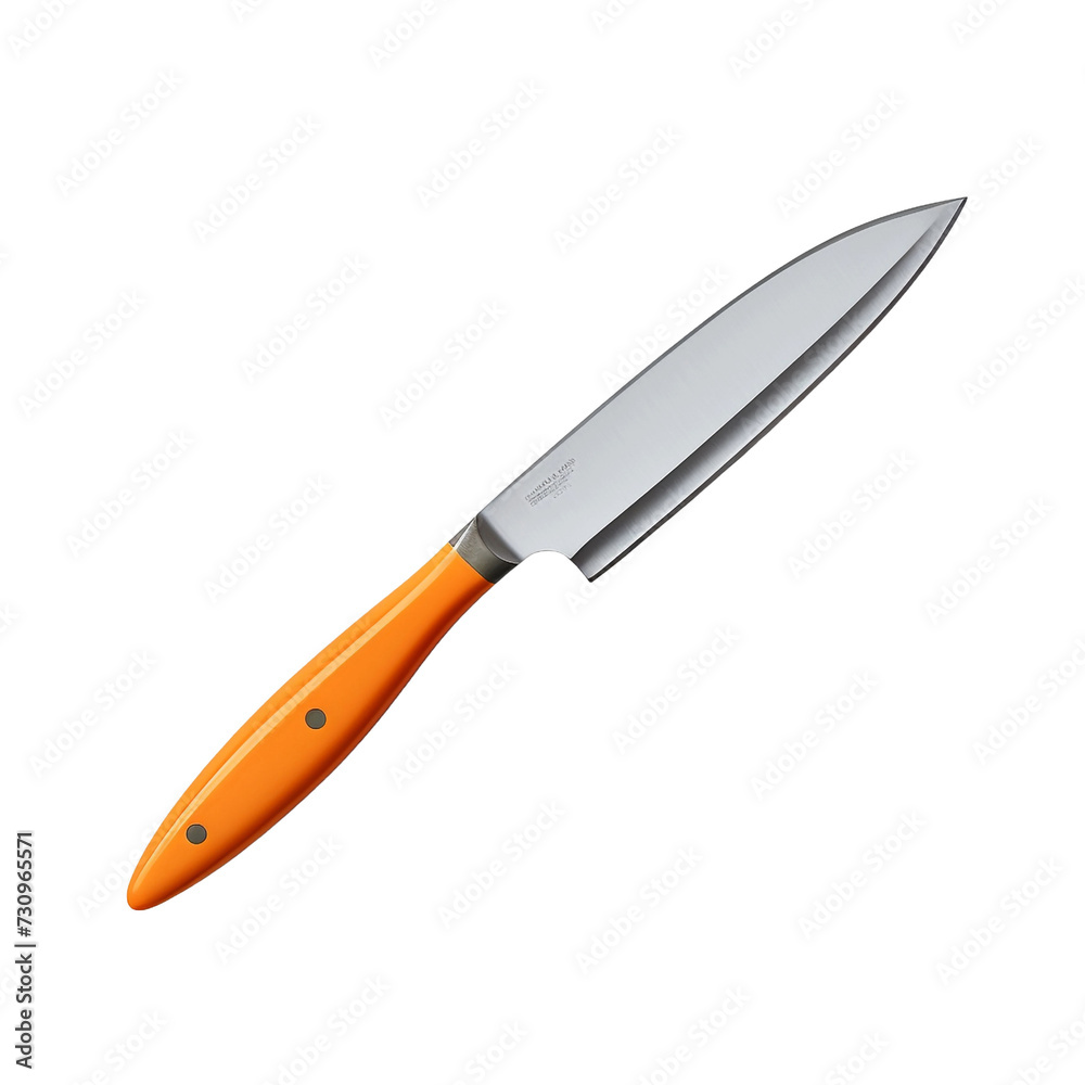 Kitchen knife with orange steel blade with saved path isolated on transparent background