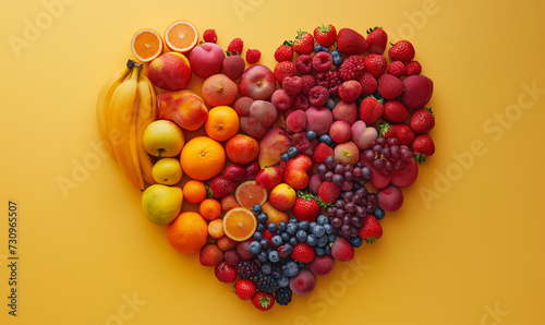 Healthy fruits and vegetables arranged in a heart shape. placed on a yellow background. 