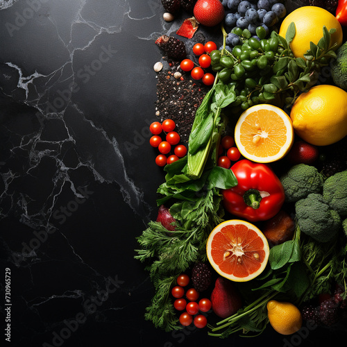 Ripe vegetables and fruits on a black marble table. Healthy organic food. top view, space for text.