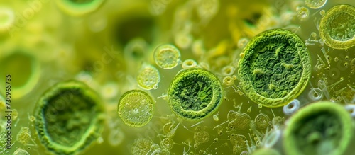400x magnification of Coleastrum, Scenedesmus, Euglena, and another green algae with selective focus