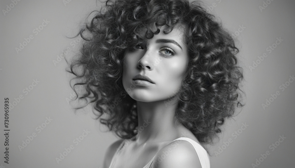 Black and white photo in the studio. Curly handsome woman Black and white photo in the studio. Curly handsome woman