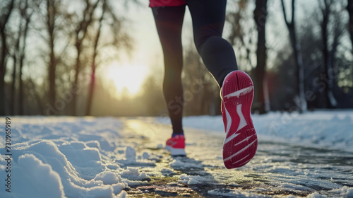 An athlete in leggings runs in pink sneakers during a winter workout outdoors in cold snowy weather.