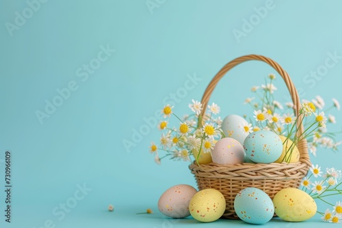 Colorful painted Easter eggs in basket with flowers on a pastel blue background