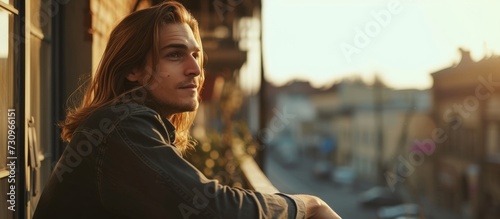 A happy man with long hair is sitting on a balcony, enjoying the view through the window.