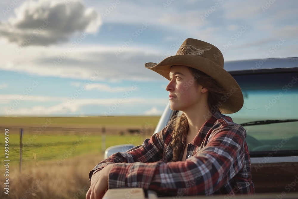 Contemplative Woman Rancher by Pickup Truck on Sunny Day