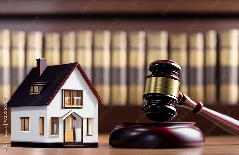 Justice in courthouse. Real Estate Purchase and Sale Transaction Litigation. Sale of Real Property. Lawyer in courtroom. House Sale. Mallet of judge in courtroom. Tax when selling a home and building Justice in courthouse. Real Estate Purchase and Sale Transaction Litigation. Sale of Real Property. Lawyer in courtroom. House Sale. Mallet of judge in courtroom. Tax when selling a home and building