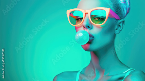 Stylish beautiful woman in yellow sunglasses blowing bubble gum on green background.