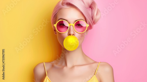 Beautiful woman in yellow sunglasses with pink lenses blowing yellow bubble gum against a background of pink and yellow flowers.