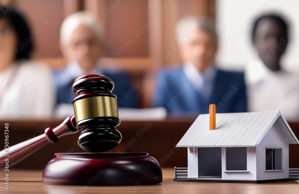 Justice in courthouse. Real Estate Purchase and Sale Transaction Litigation. Sale of Real Property. Lawyer in courtroom. House Sale. Mallet of judge in courtroom. Tax when selling a home and building Justice in courthouse. Real Estate Purchase and Sale Transaction Litigation. Sale of Real Property. Lawyer in courtroom. House Sale. Mallet of judge in courtroom. Tax when selling a home and building