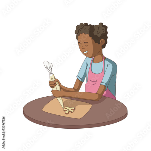 A dark-skinned girl puts icing on a cookie. Young cheerful black woman preparing dessert. Cartoon vector illustration in flat style.