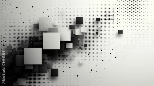 Monochrome abstract background with a dynamic composition of pixelated patterns and floating 3D cubes creating a digital disruption effect. photo