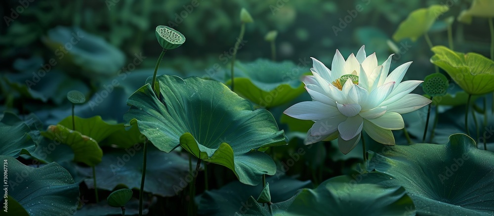 In a pond, a water lily, an aquatic plant with white petals, blooms amidst green leaves. In a pond, a water lily, an aquatic plant with white petals, blooms amidst green leaves.