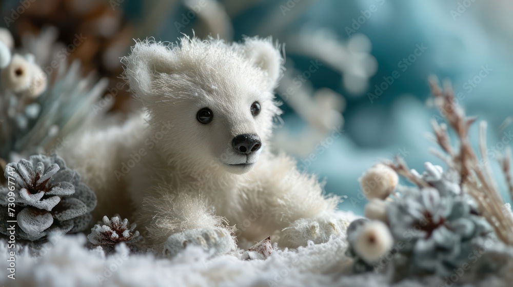 closeup photography Polar Bear cub doll, highlighting its fluffy white fur and sweet expression, arranged in a dollhouse-inspired Arctic landscape