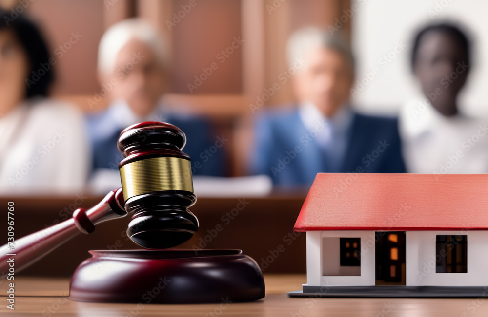 Justice in courthouse. Real Estate Purchase and Sale Transaction Litigation. Sale of Real Property. Lawyer in courtroom. House Sale. Mallet of judge in courtroom. Tax when selling a home and building Justice in courthouse. Real Estate Purchase and Sale Transaction Litigation. Sale of Real Property. Lawyer in courtroom. House Sale. Mallet of judge in courtroom. Tax when selling a home and building