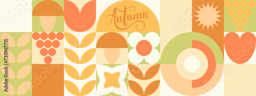 Autumn geometric background, yellow and orange ornament with leaves and mushrooms. Mosaic seamless pattern in earthy tones.