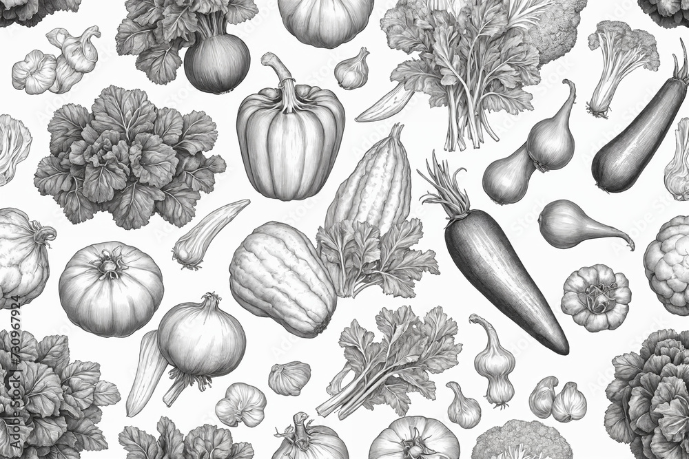 Vegetable black and white illustration in hand drawn engraving style isolated on white background. Generative Ai Vegetable black and white illustration in hand drawn engraving style isolated on white background. Generative Ai