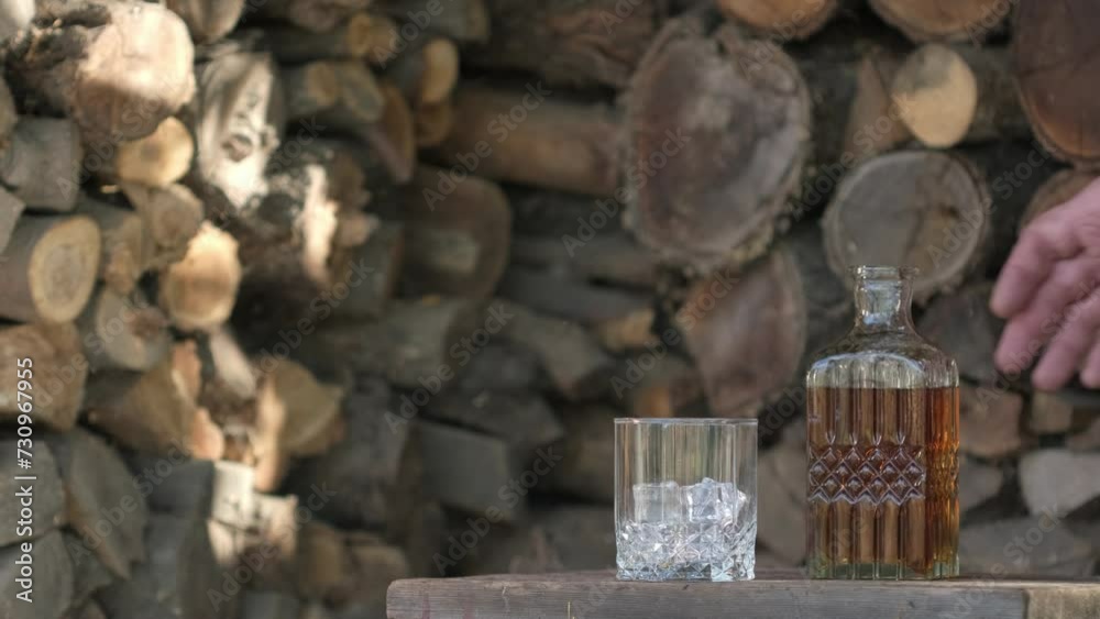 Glass of whiskey with ice on wooden table over rustic background. Alcohol Bourbon pouring in glass from the bottle. Throwing ice into glass with whisky or rum. Ice dropped into glass. Cognac Glass of whiskey with ice on wooden table over rustic background. Alcohol Bourbon pouring in glass from the bottle. Throwing ice into glass with whisky or rum. Ice dropped into glass. Cognac