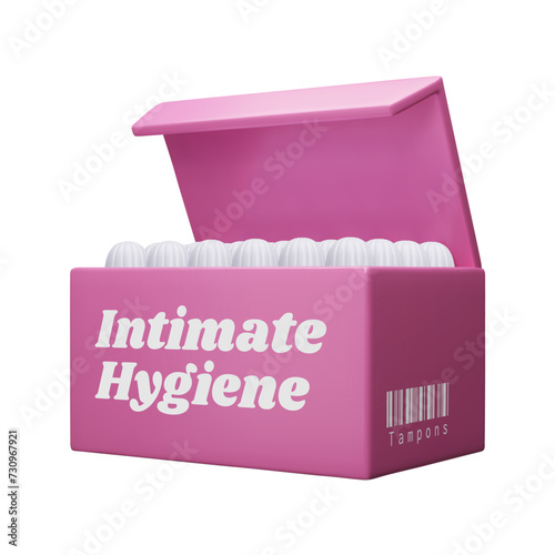 3D menstrual tampon packaging vector illustration. Women's intimate hygiene product, feminine healthcare. Cute pink sanitary tampon open box isolated on white 3D render. Menstruation periods products.