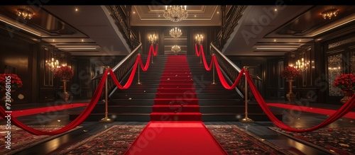 A grand hall event with red ribbons blocking a staircase, alongside a red carpet exclusively for VIPs.