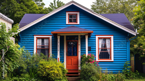 Exterior of small American house with blue paint.
