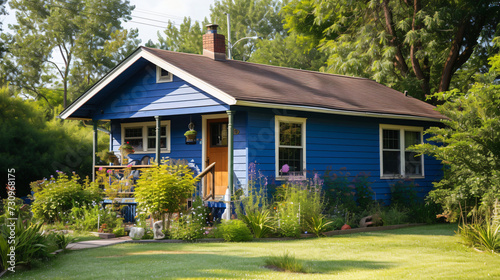 Exterior of small American house with blue paint. © yaxir
