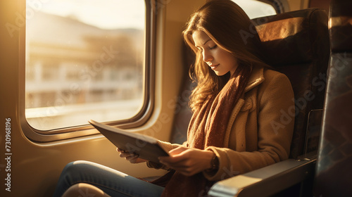 a traveler reads a travel guide on a train, her luggage piled beside her, as the landscape blurs by.