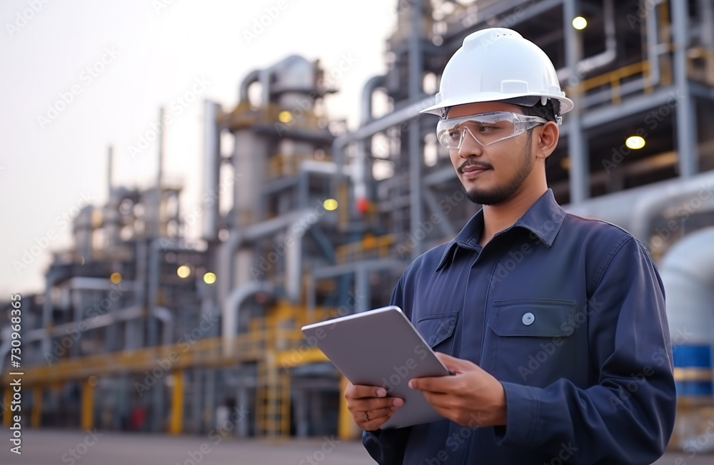 Asian engineer man checking the maintenance of the oil refinery factory at evening via digital tablet. Asian engineer man checking the maintenance of the oil refinery factory at evening via digital tablet.