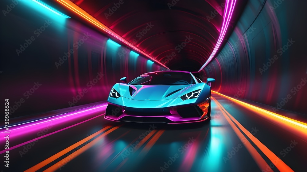 Sports car supercar fast driving in dark tunnel neon glowing lights. Colorful lights trails long exposure. Generative AI Sports car supercar fast driving in dark tunnel neon glowing lights. Colorful lights trails long exposure. Generative AI
